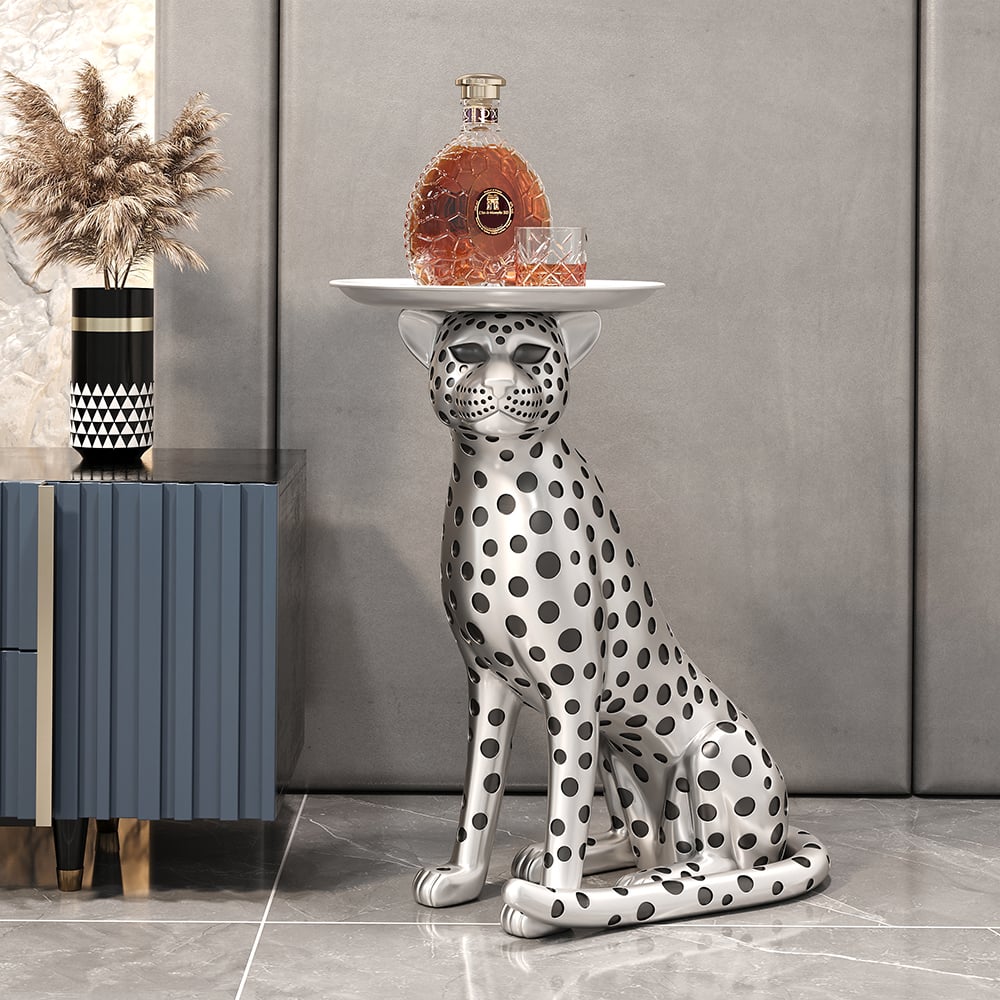 HMR - Panther Figurine Resin Art Deco Side Table with Tray Top