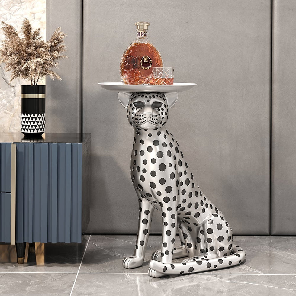 HMR - Panther Figurine Resin Art Deco Side Table with Tray Top