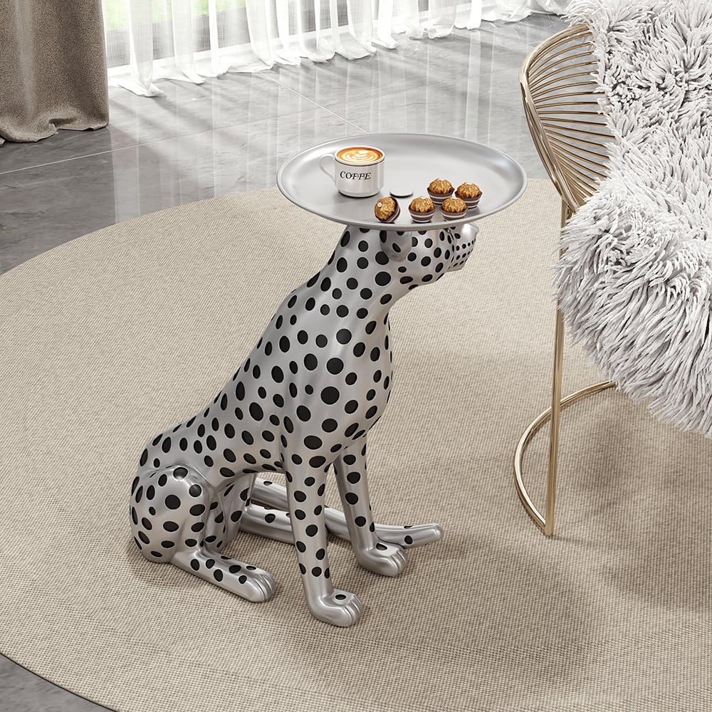 HMR - Panther Figurine Resin Art Deco Side Table with Tray Top
