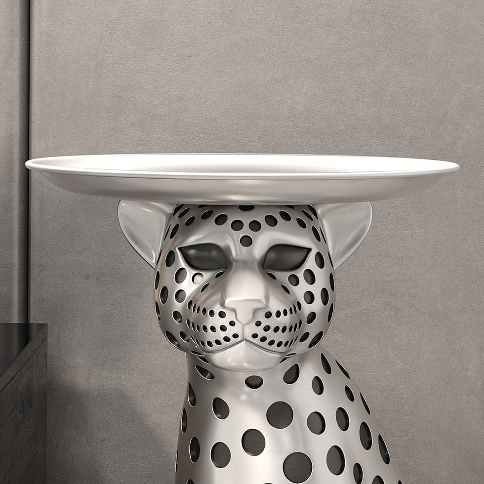 HMR - Panther Figurine Resin Art Deco Side Table with Tray Top