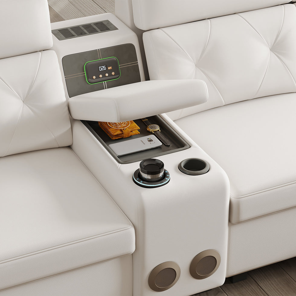 HMR - 134.6" White Power Reclining Sectional Sofa Pull Out Bed Cup Holder & Speaker & Storage
