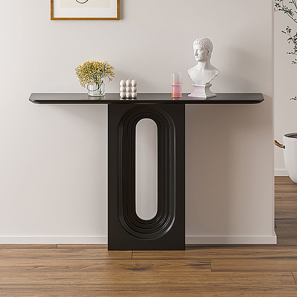 HMR - 47 Modern Japandi Narrow Wood Console Table with Geometric Pedestal Entryway Table
