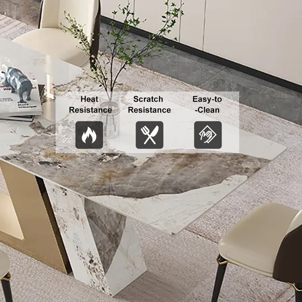 HMR - Dining Set 79" Modern Rectangle Sintered Stone Dining Table Gold with 8 Chairs