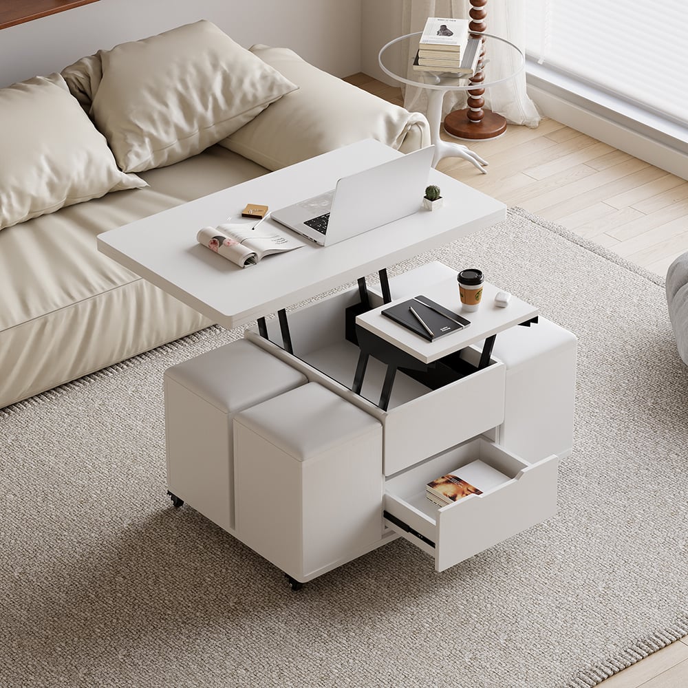 HMR - 39" Lift-Top Foldable Coffee Table with 4 Stools & Storage