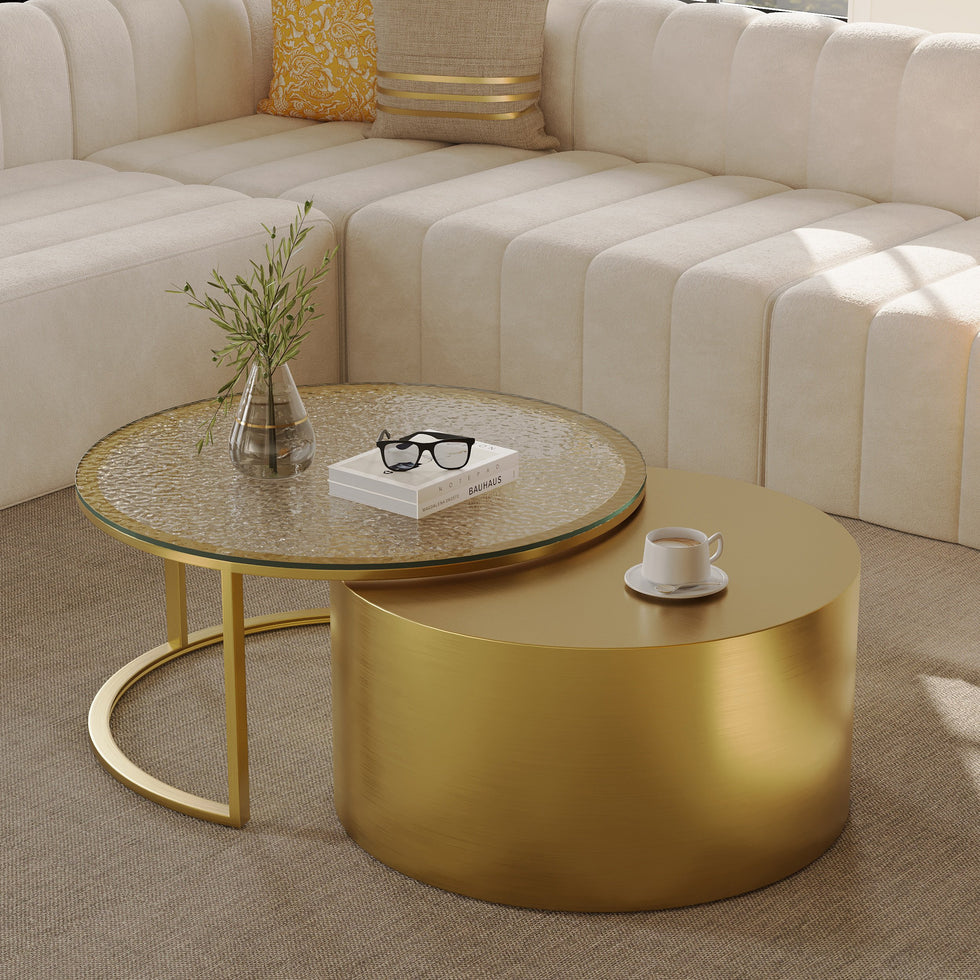 HMR - 31.5" Gold Round Glass Top Nesting Coffee Table Set