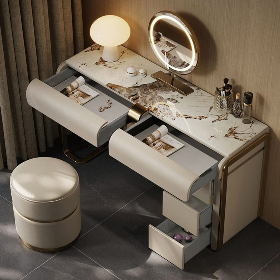 HMR - Modern Gray Makeup Vanity Set with Side Cabinet Dressing Table with Mirror & Stool