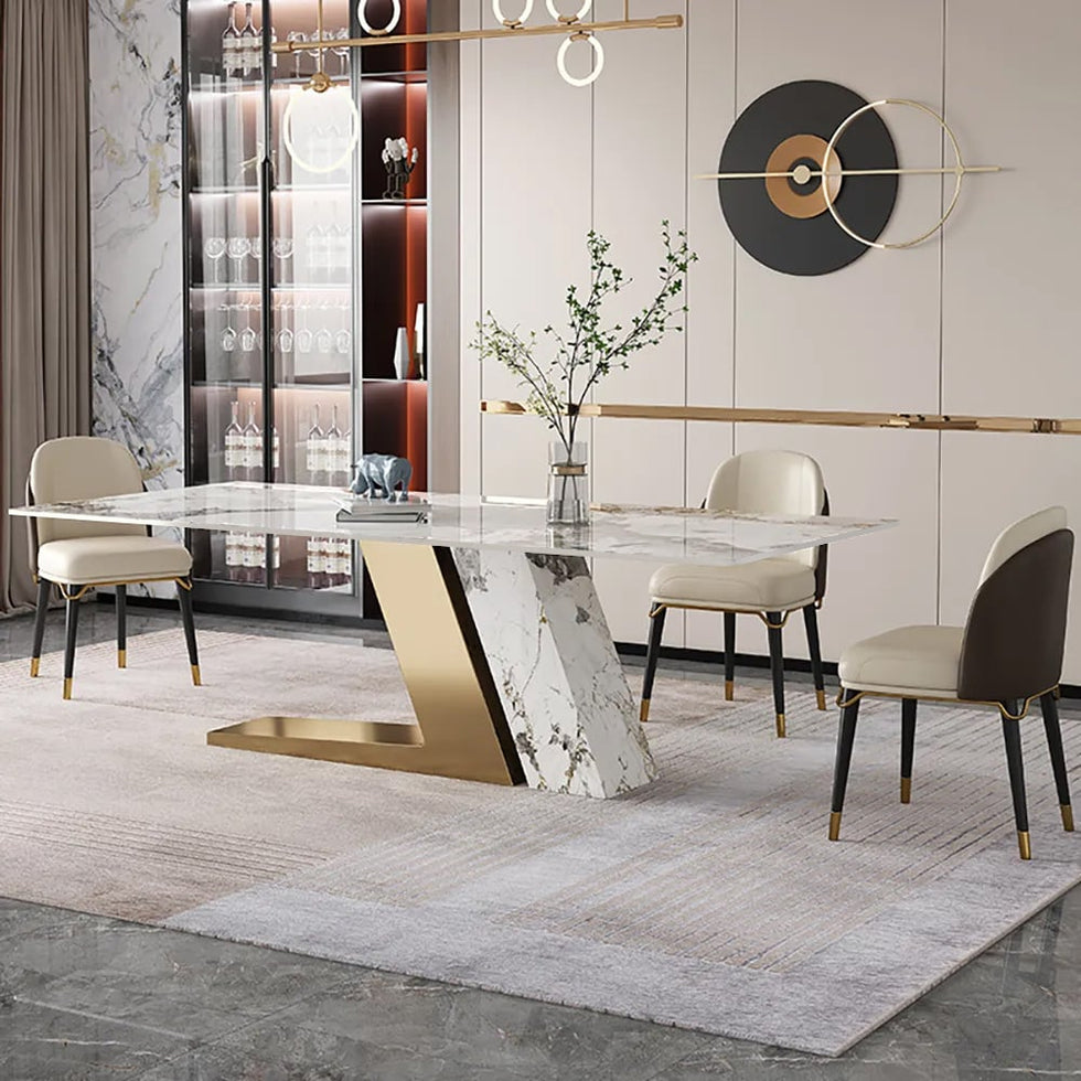 HMR - Dining Set 70.9" Rectangle Sintered Stone Dining Table with 6 Chairs