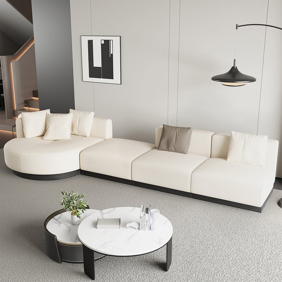 HMR - 146.9" L-Shaped Sectional Corner Modern Modular Sofa in Beige with Pillows & Black Legs