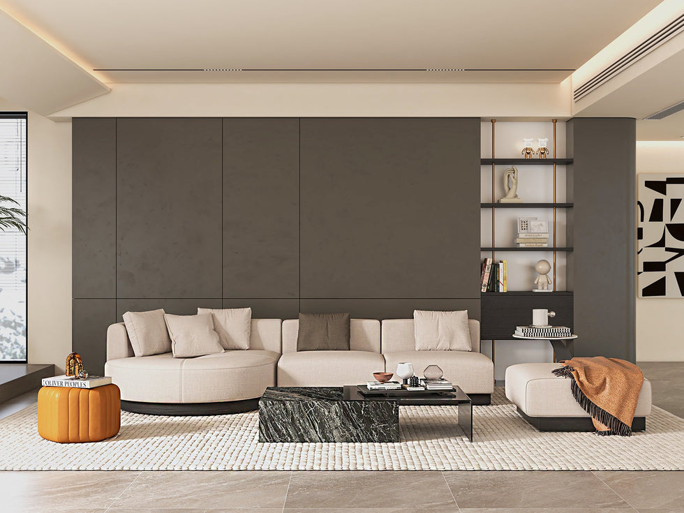 HMR - 146.9" L-Shaped Sectional Corner Modern Modular Sofa in Beige with Pillows & Black Legs