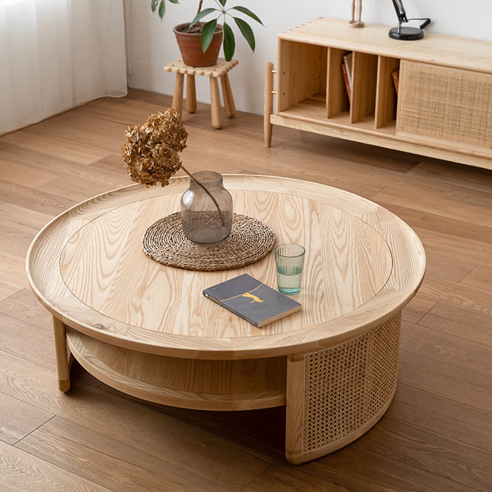 HMR - 2-Tiered Japandi Round Wood Coffee Table with Rattan Base