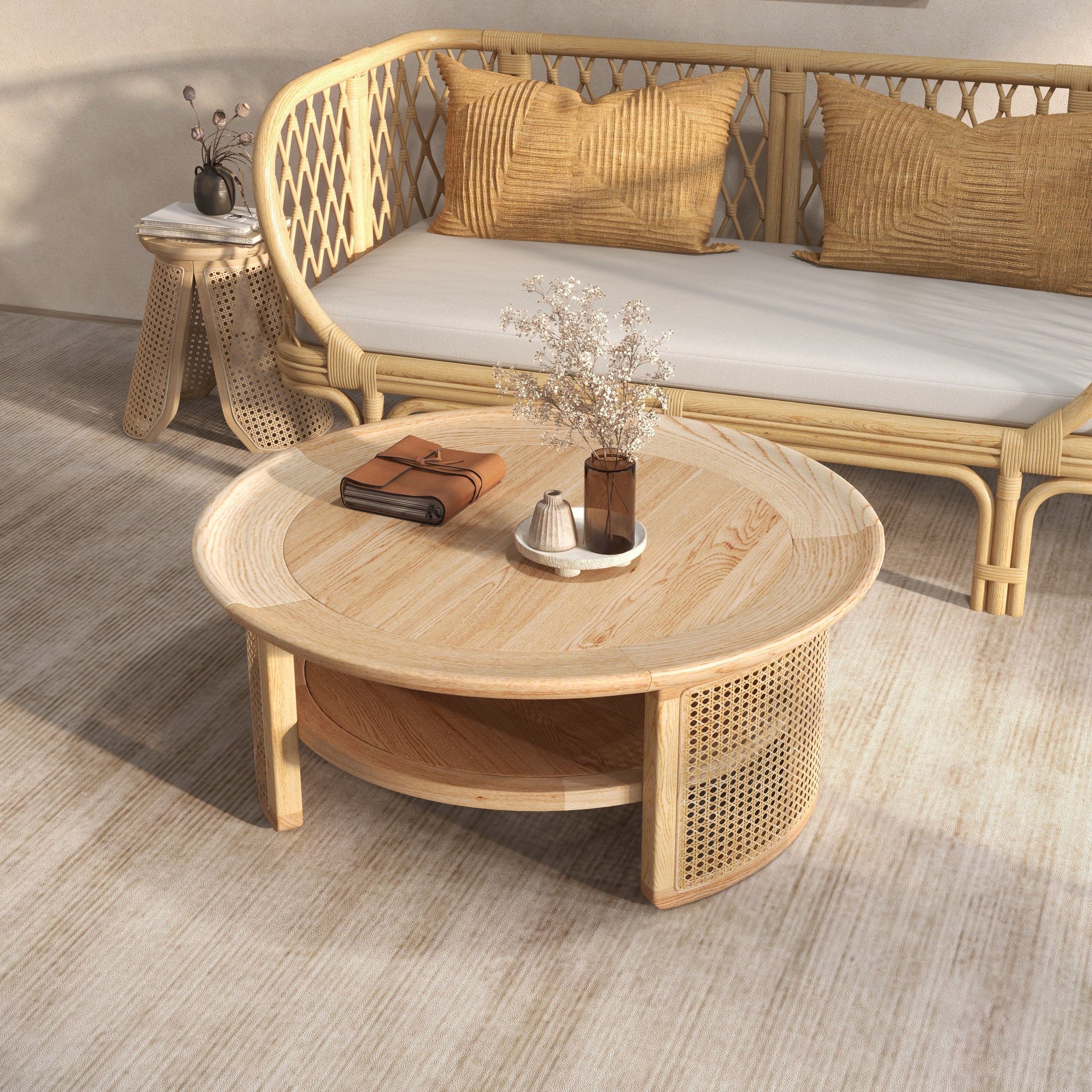 HMR - 2-Tiered Japandi Round Wood Coffee Table with Rattan Base