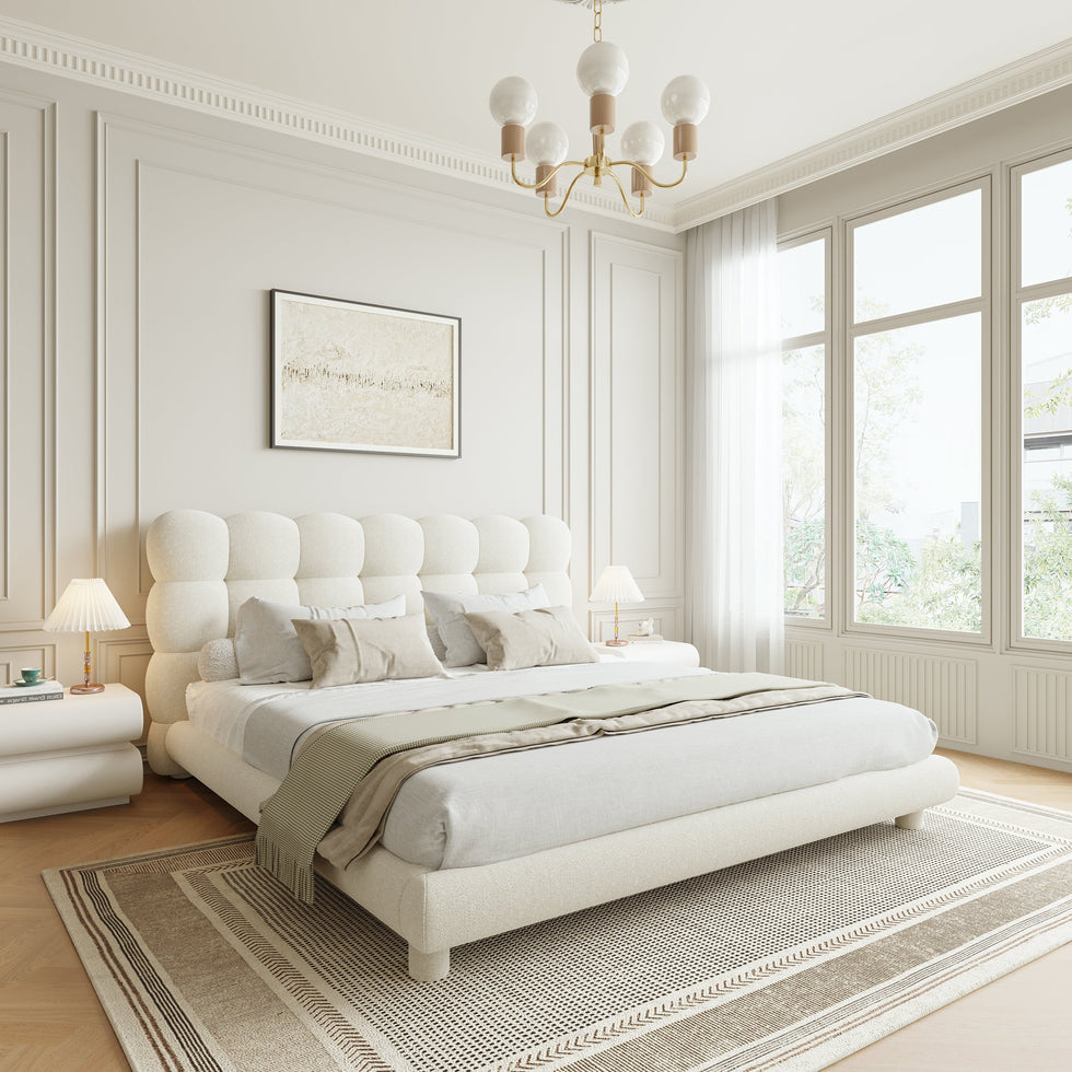 HMR - White Boucle Upholstered Platform Bubble Bed Frame