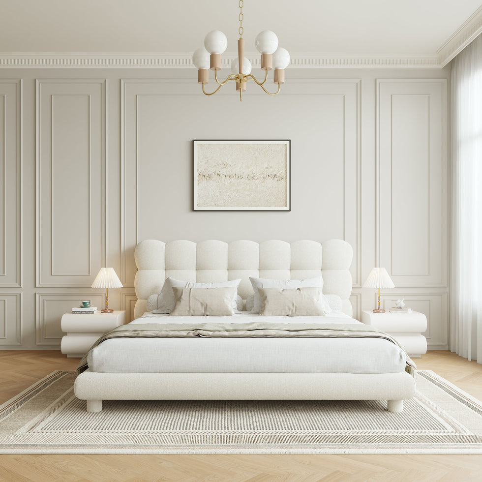 HMR - White Boucle Upholstered Platform Bubble Bed Frame