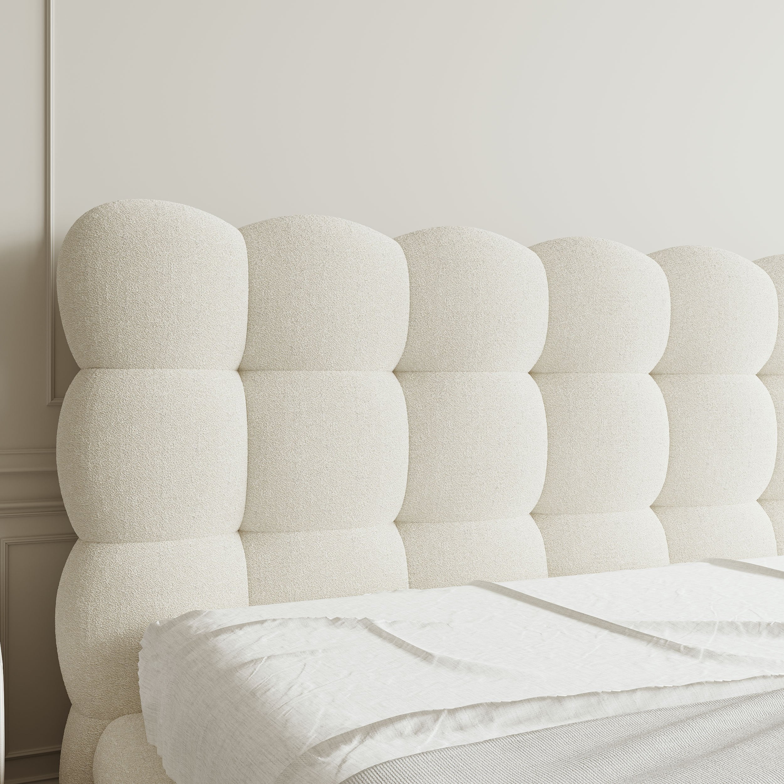 HMR - White Boucle Upholstered Platform Bubble Bed Frame