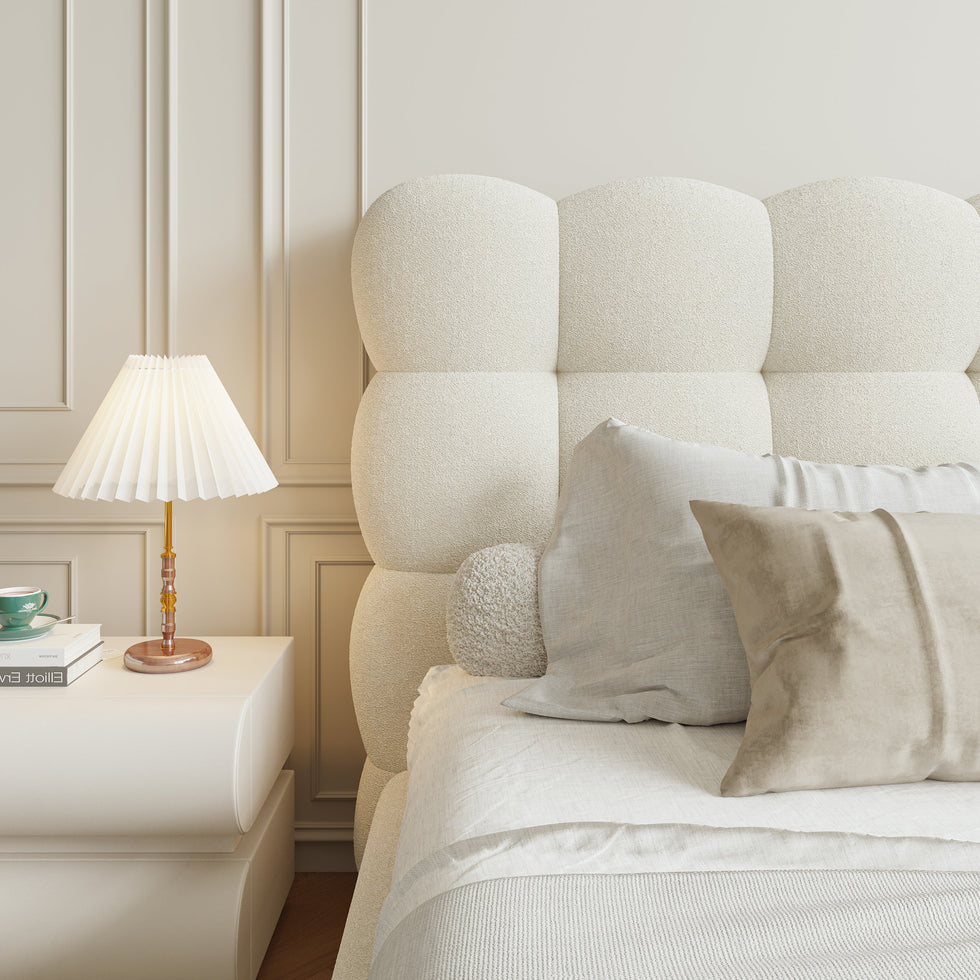 HMR - White Boucle Upholstered Platform Bubble Bed Frame