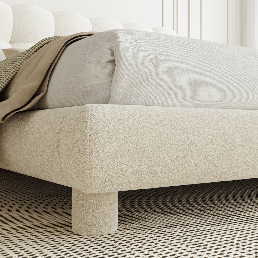 HMR - White Boucle Upholstered Platform Bubble Bed Frame