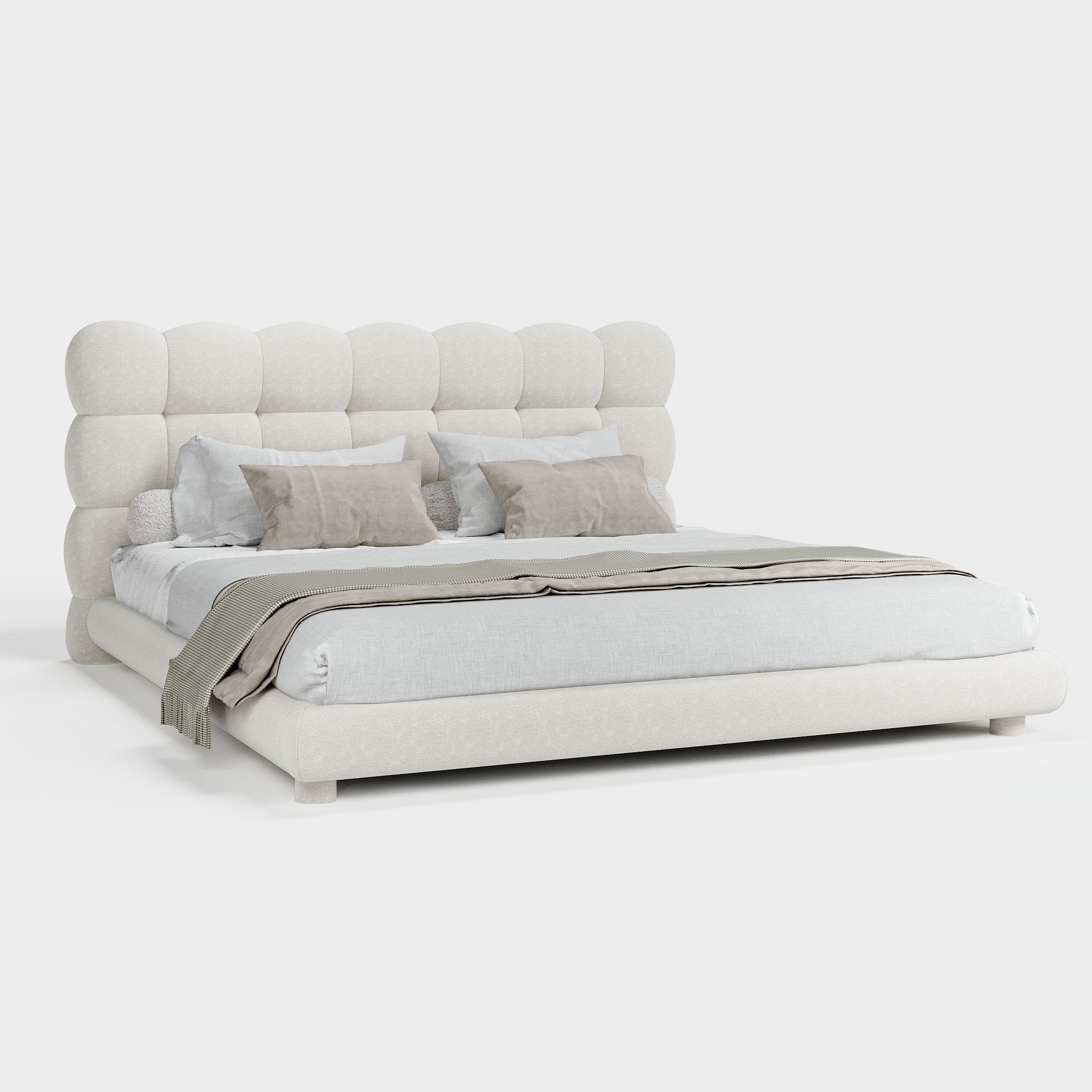 HMR - White Boucle Upholstered Platform Bubble Bed Frame