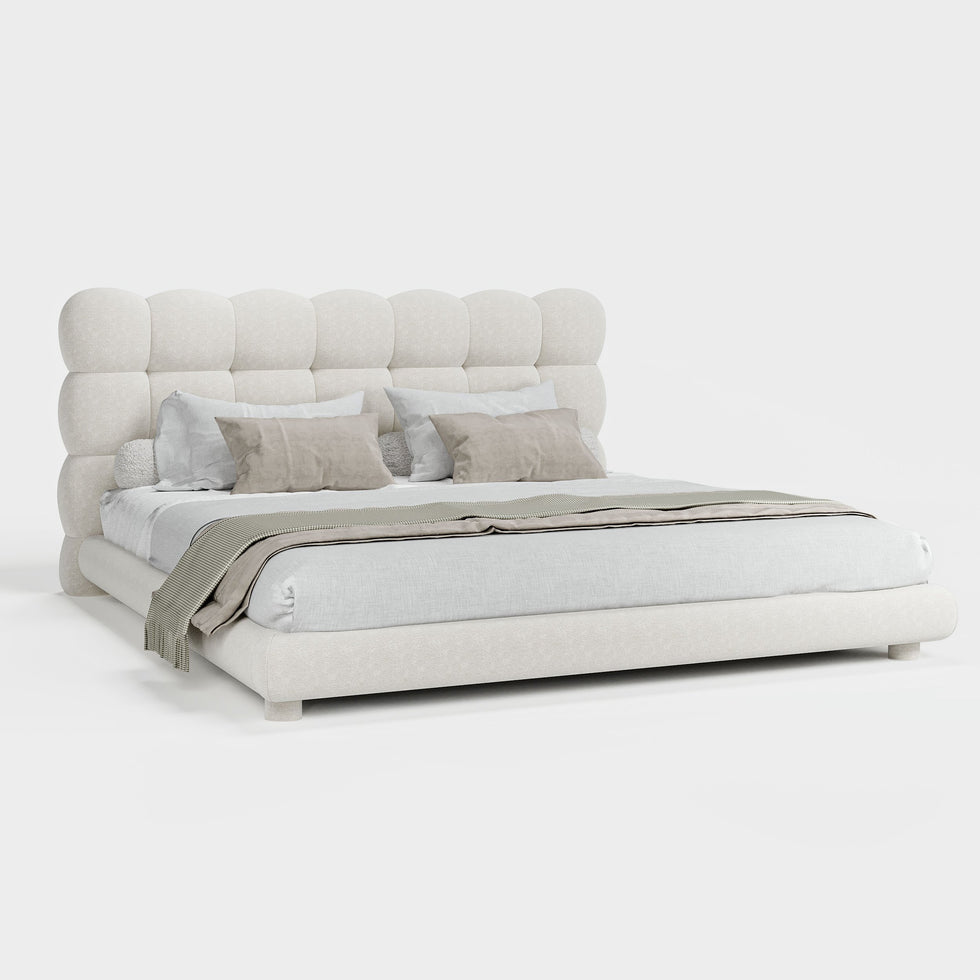 HMR - White Boucle Upholstered Platform Bubble Bed Frame