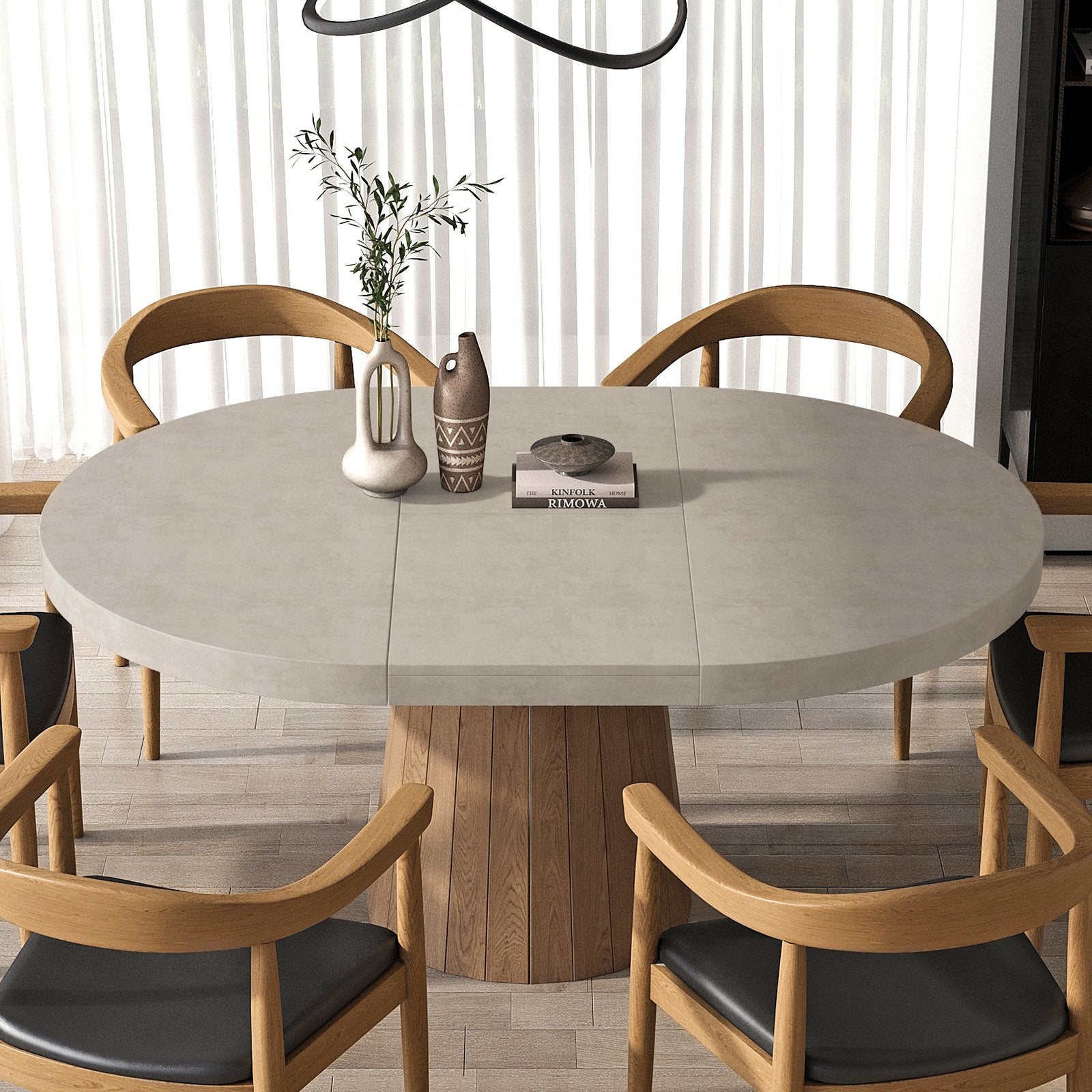 HMR - 39"-55" Japandi Style Oval & Round Extendable Wood Dining Table (Seats 4-6 People)