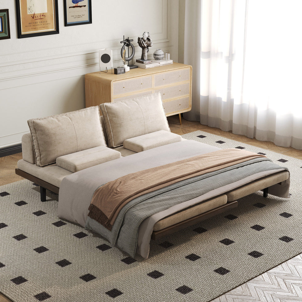 HMR - 79" Queen 3-Seater Linen Convertible Futon Bed with Pillows