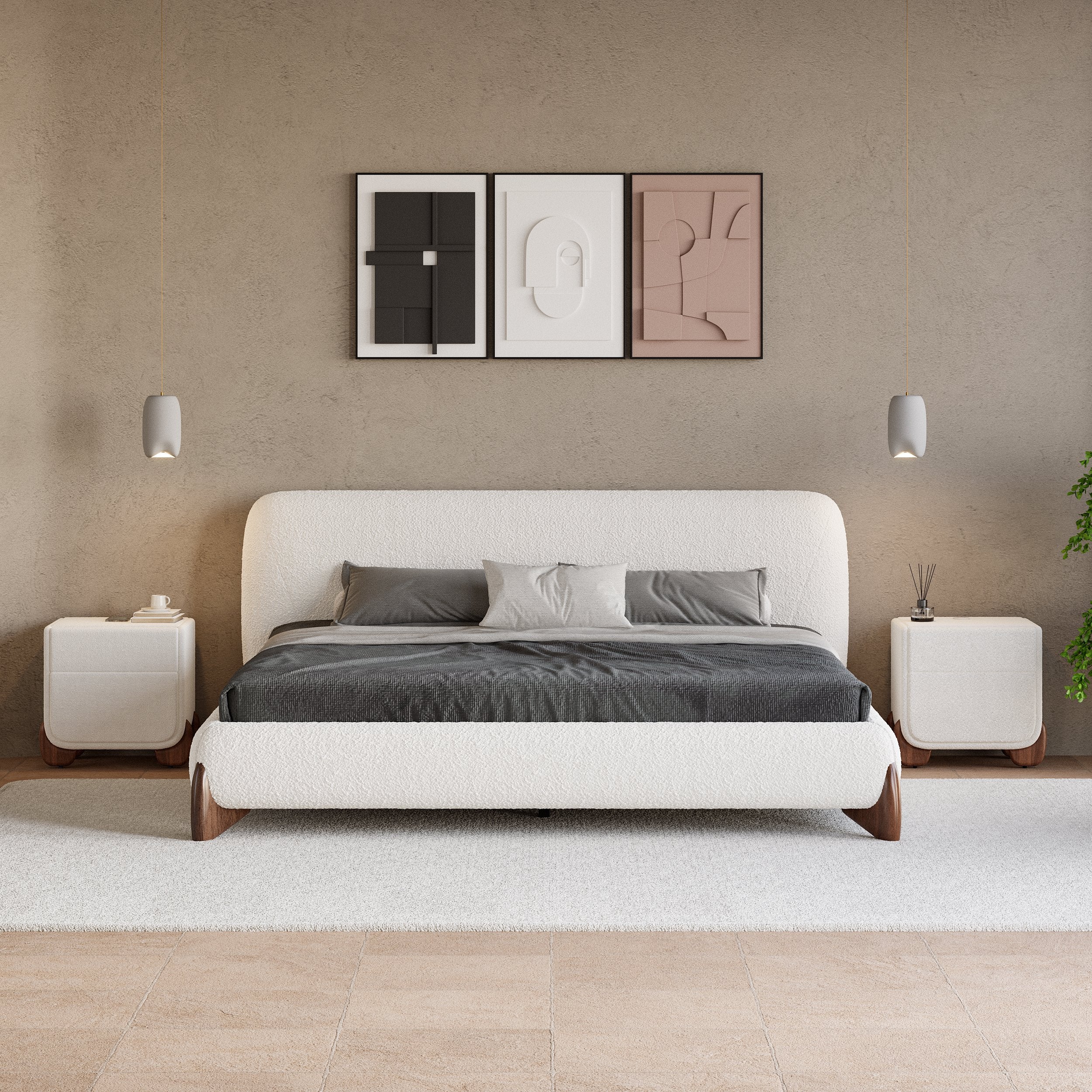 HMR - Modern White Boucle Platform Bed & 2 Smart Boucle Nightstand Style B