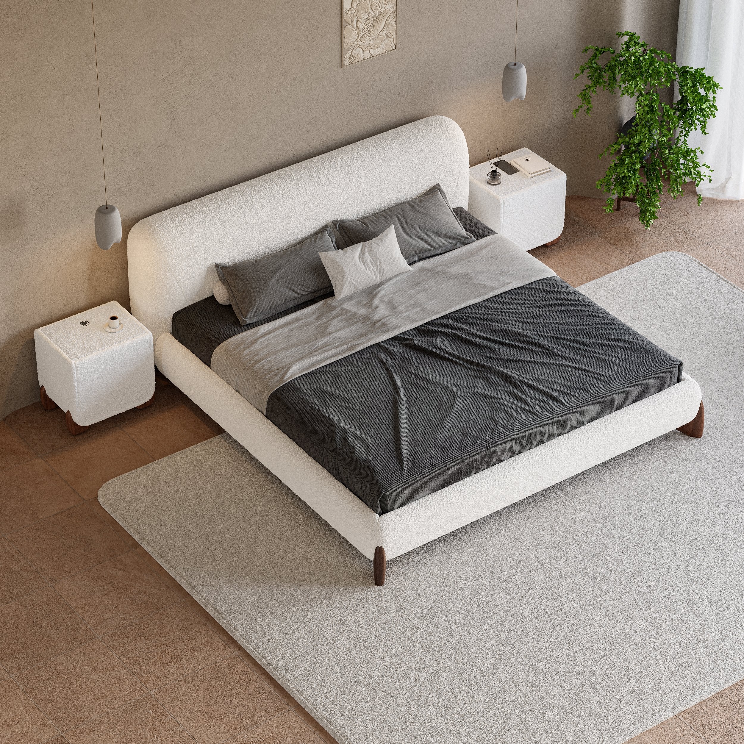 HMR - Modern White Boucle Platform Bed & 2 Smart Boucle Nightstand Style B