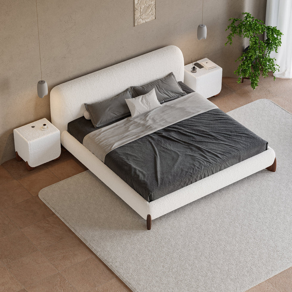 HMR - Modern White Boucle Platform Bed & 2 Smart Boucle Nightstand Style B