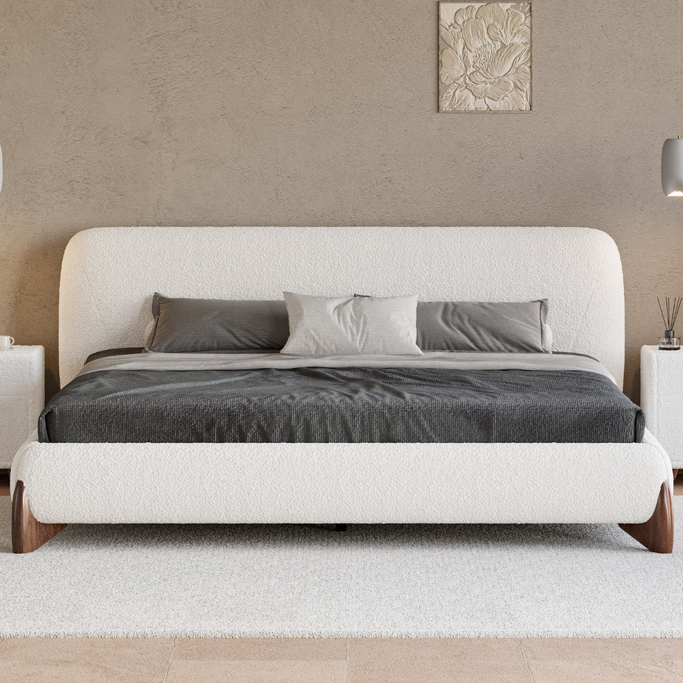 HMR - Modern White Boucle Platform Bed & 2 Smart Boucle Nightstand Style B