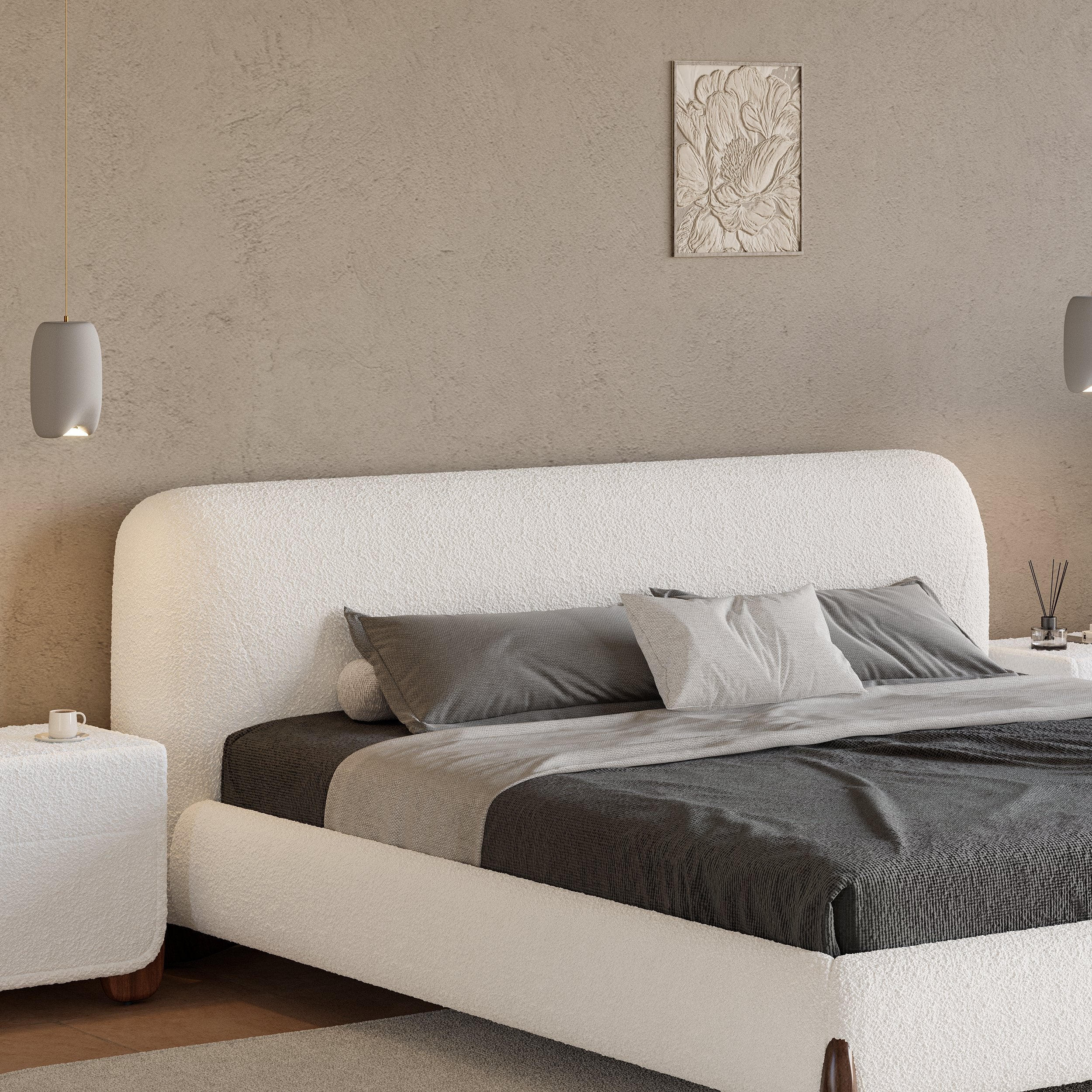 HMR - Modern White Boucle Platform Bed & 2 Smart Boucle Nightstand Style B