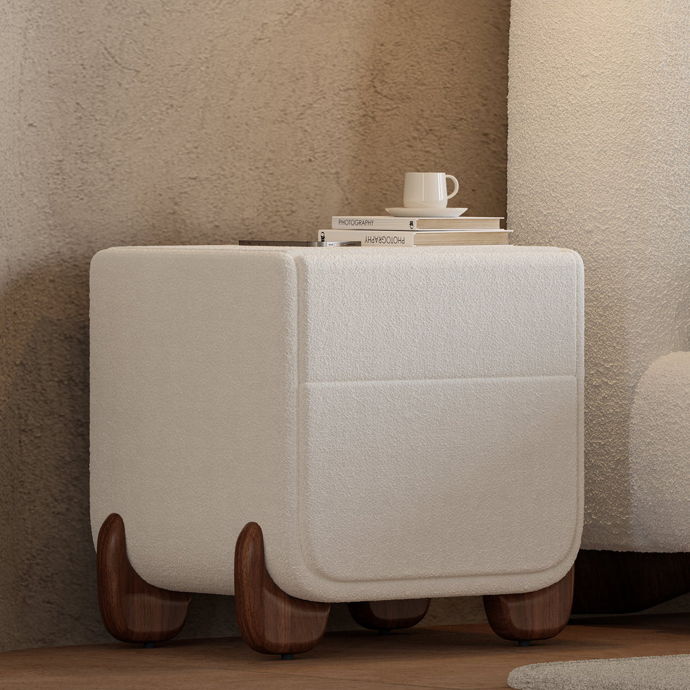 HMR - Modern White Boucle Platform Bed & 2 Smart Boucle Nightstand Style B