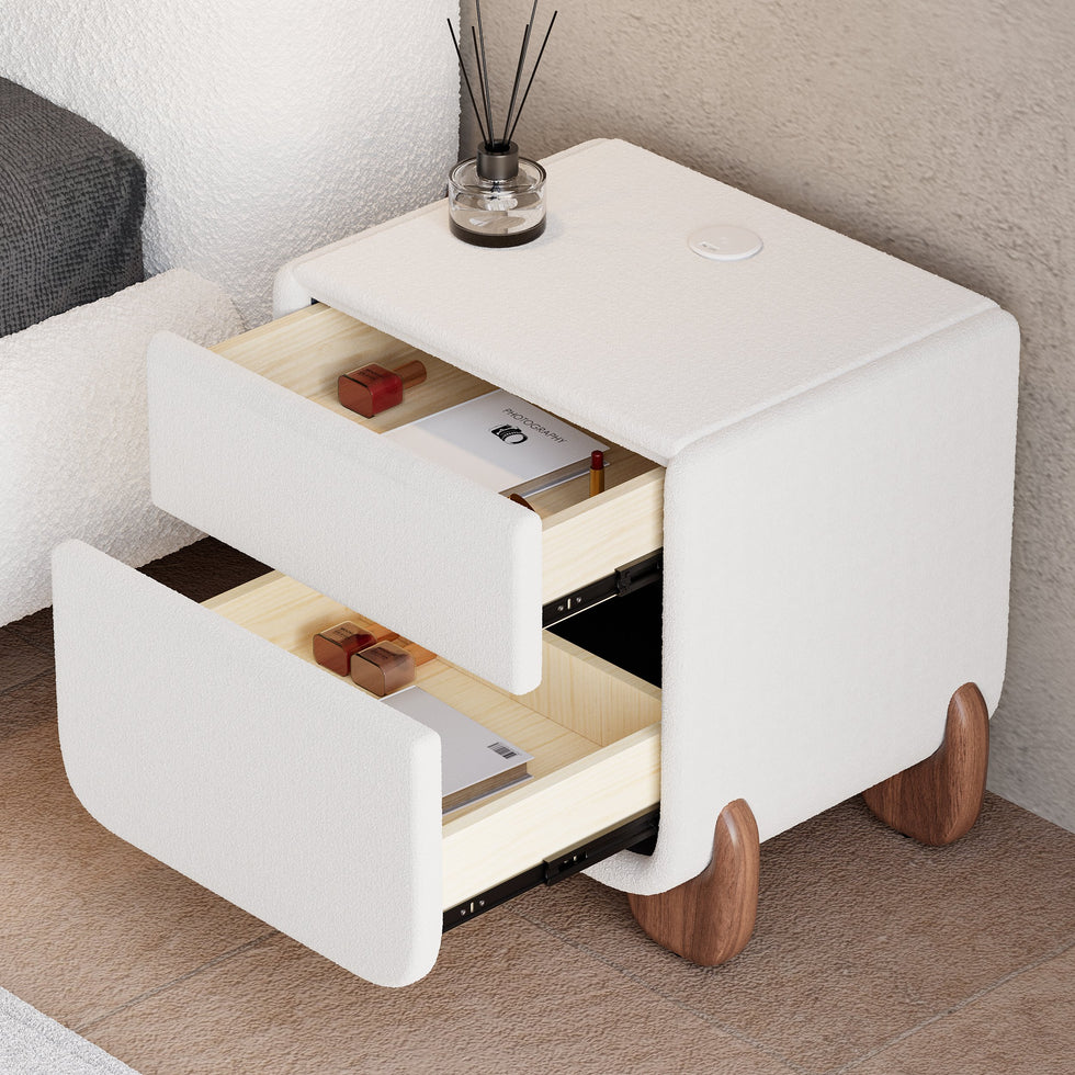 HMR - Modern White Boucle Platform Bed & 2 Smart Boucle Nightstand Style B