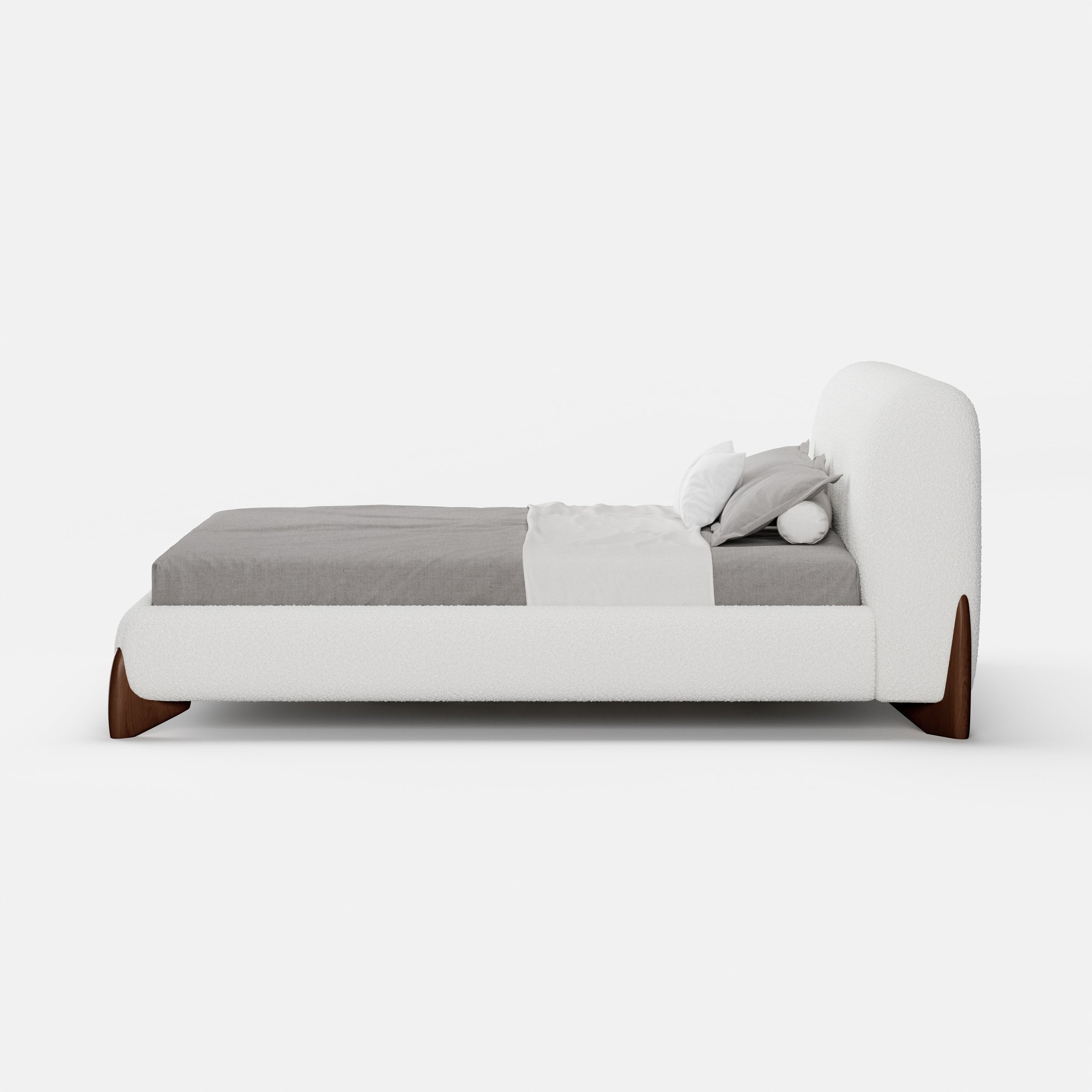 HMR - Modern White Boucle Platform Bed & 2 Smart Boucle Nightstand Style B