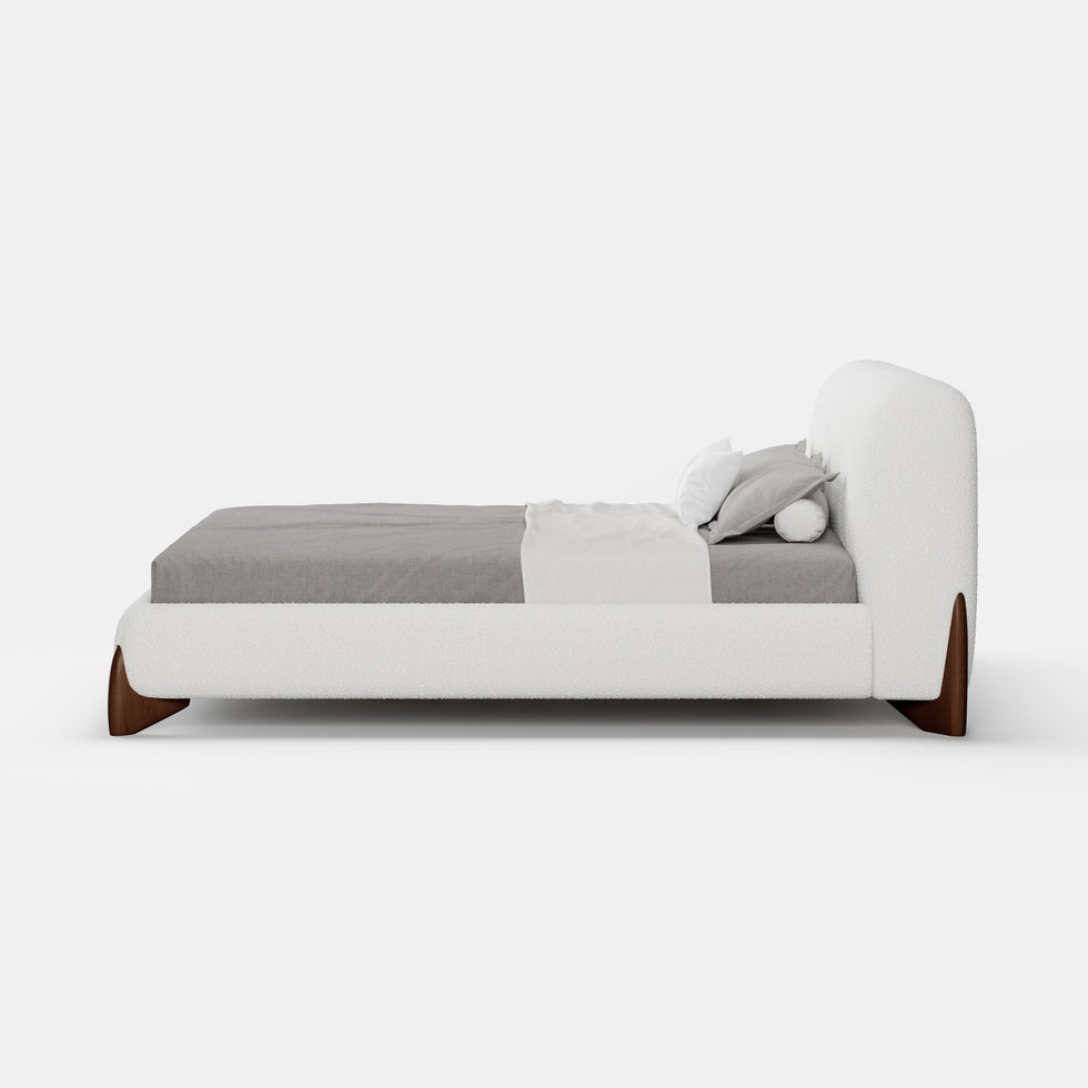 HMR - Modern White Boucle Platform Bed & 2 Smart Boucle Nightstand Style B