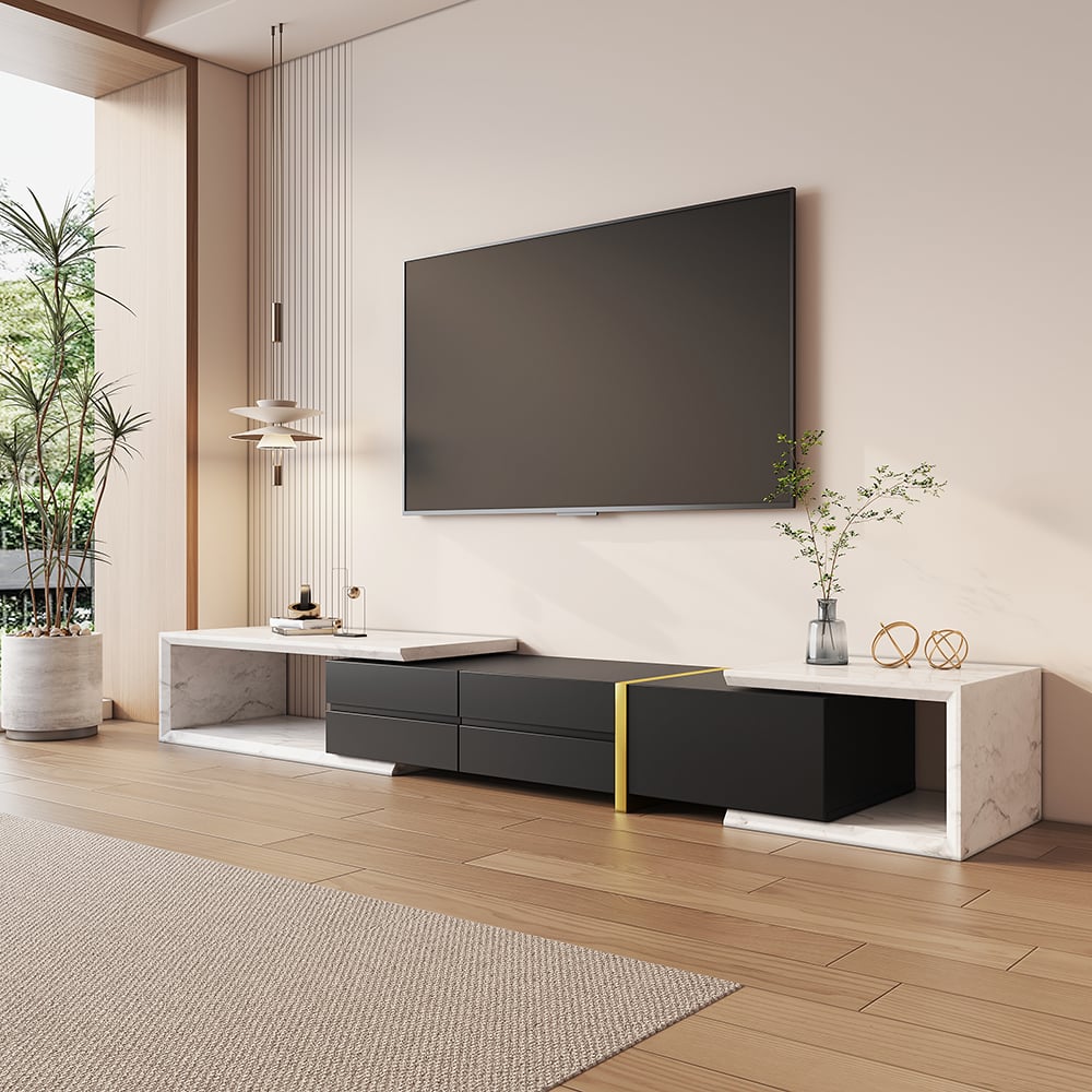 HMR - 51.2'' to 86.6'' Extendable TV Stand White & Black Corner Media Console with 2 Drawers