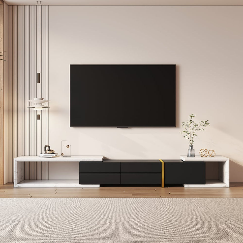HMR - 51.2'' to 86.6'' Extendable TV Stand White & Black Corner Media Console with 2 Drawers