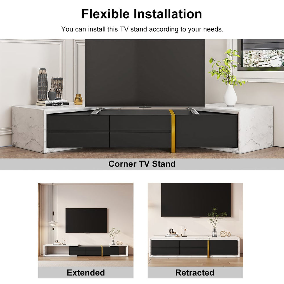 HMR - 51.2'' to 86.6'' Extendable TV Stand White & Black Corner Media Console with 2 Drawers