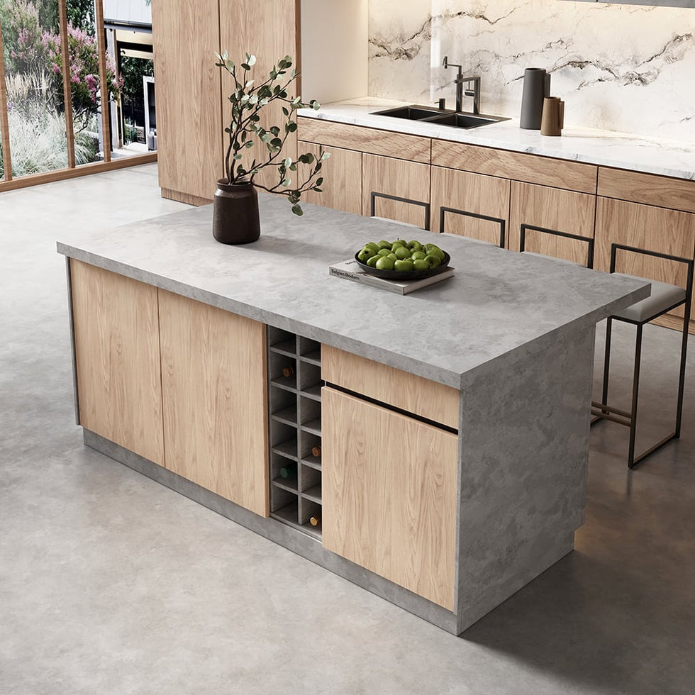 HMR - 72'' Japandi Kitchen lsland Gray Counter Stools Set Wooden Storage Kitchen Cabinet
