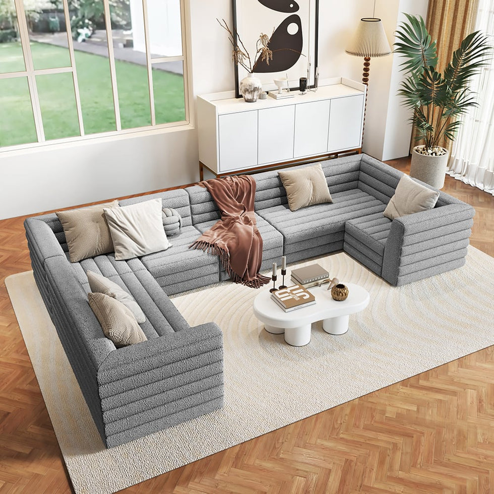 HMR - 126" U-Shaped Modern Modular Sectional Sofa for 8 Seaters