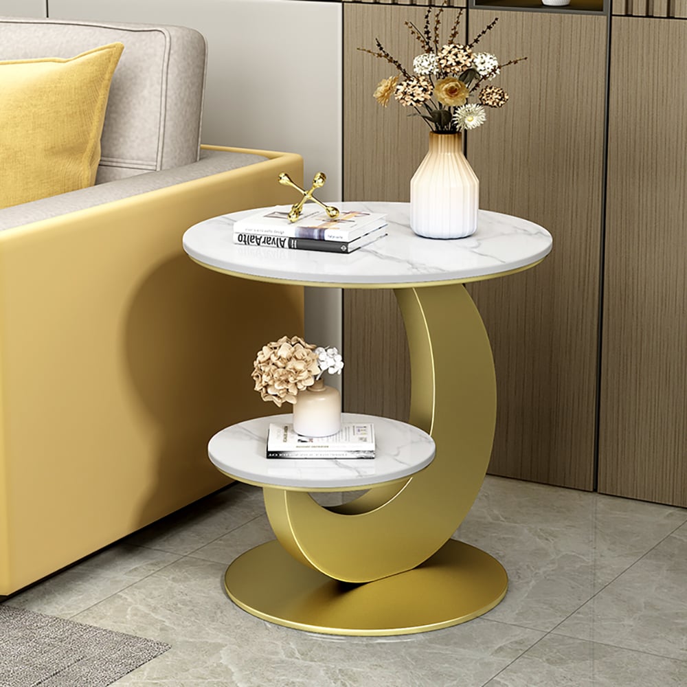 HMR - 20" Round Sintered Stone 2-Tier Moon-Shaped Side Table