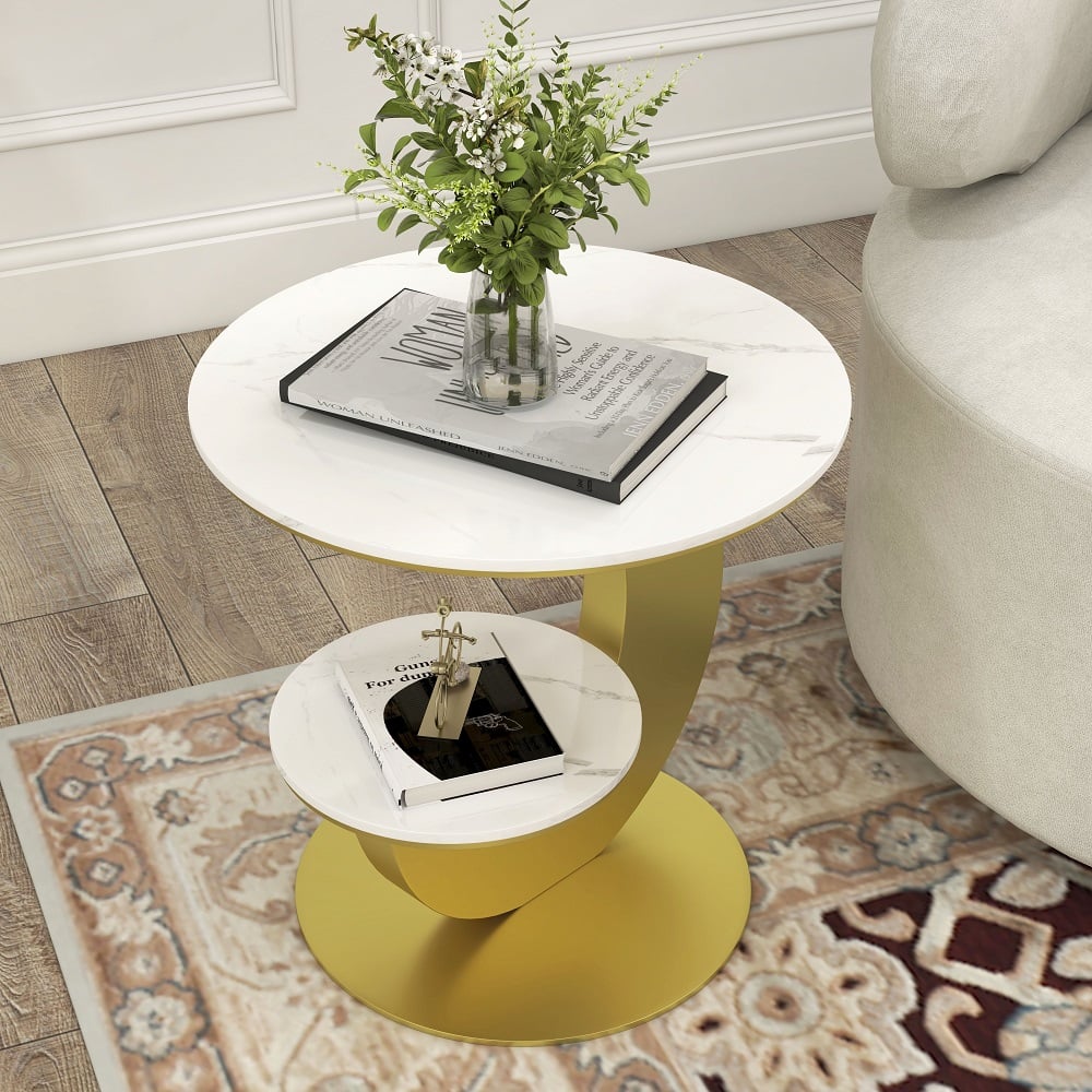 HMR - 20" Round Sintered Stone 2-Tier Moon-Shaped Side Table