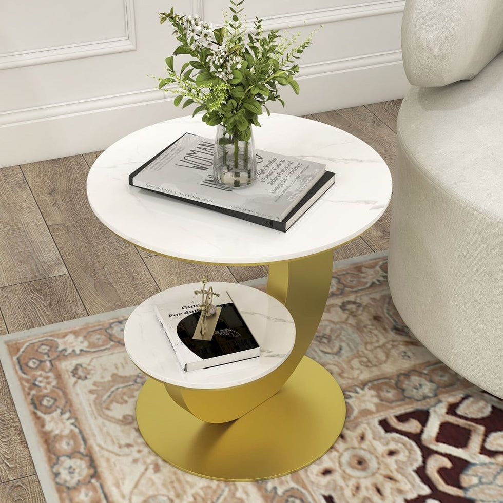 HMR - 20" Round Sintered Stone 2-Tier Moon-Shaped Side Table