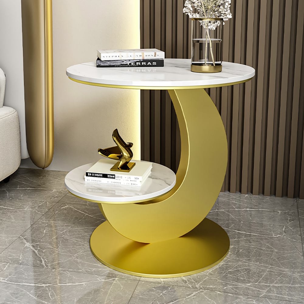 HMR - 20" Round Sintered Stone 2-Tier Moon-Shaped Side Table