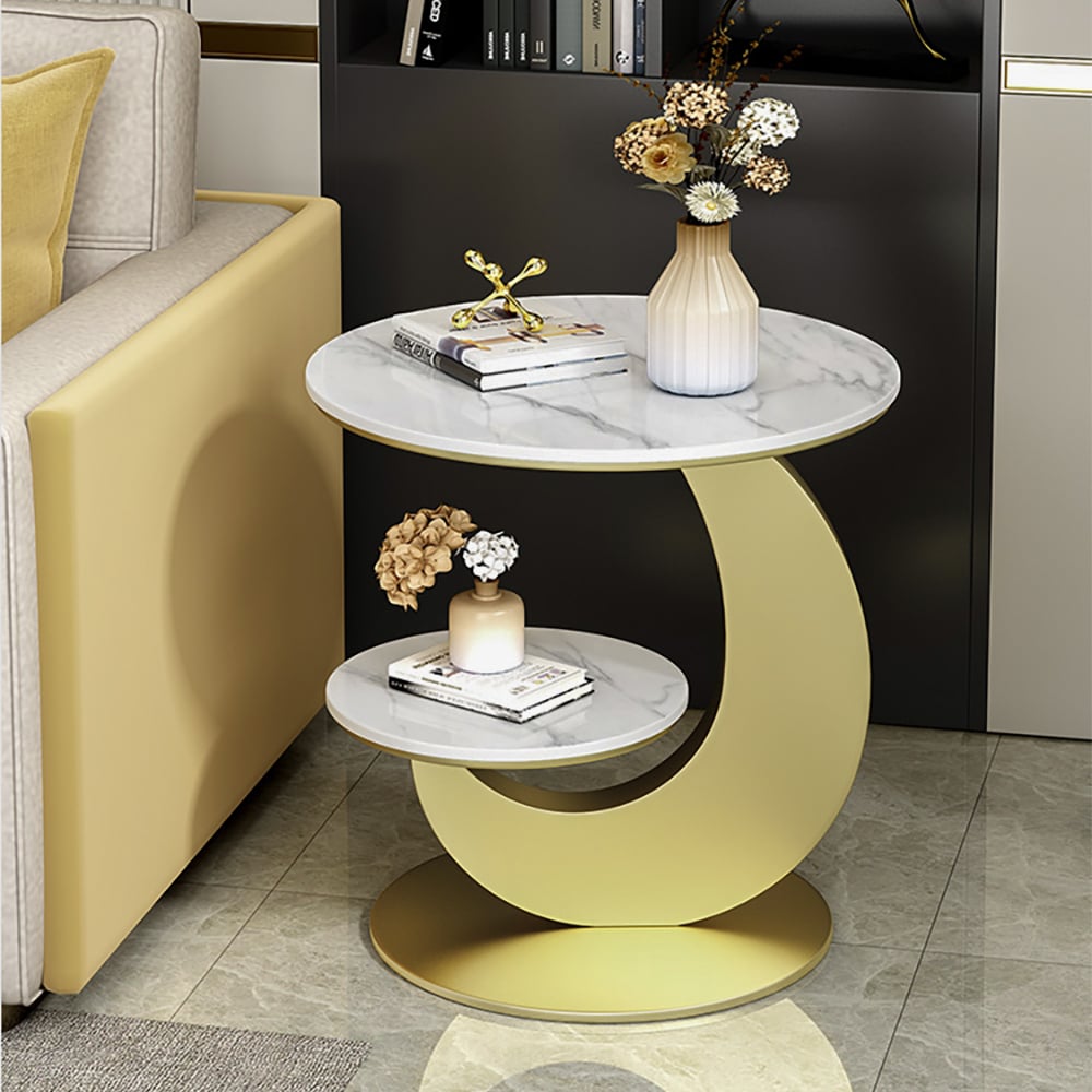 HMR - 20" Round Sintered Stone 2-Tier Moon-Shaped Side Table