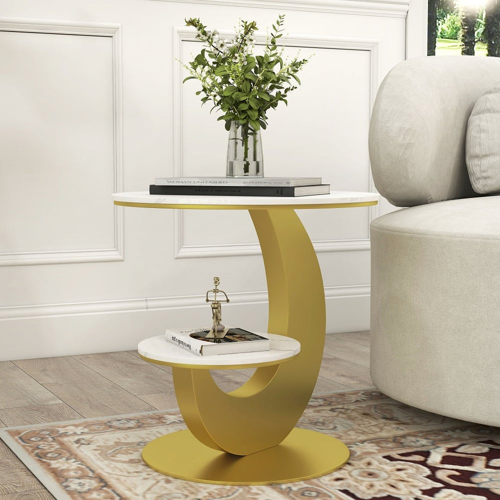 HMR - 20" Round Sintered Stone 2-Tier Moon-Shaped Side Table