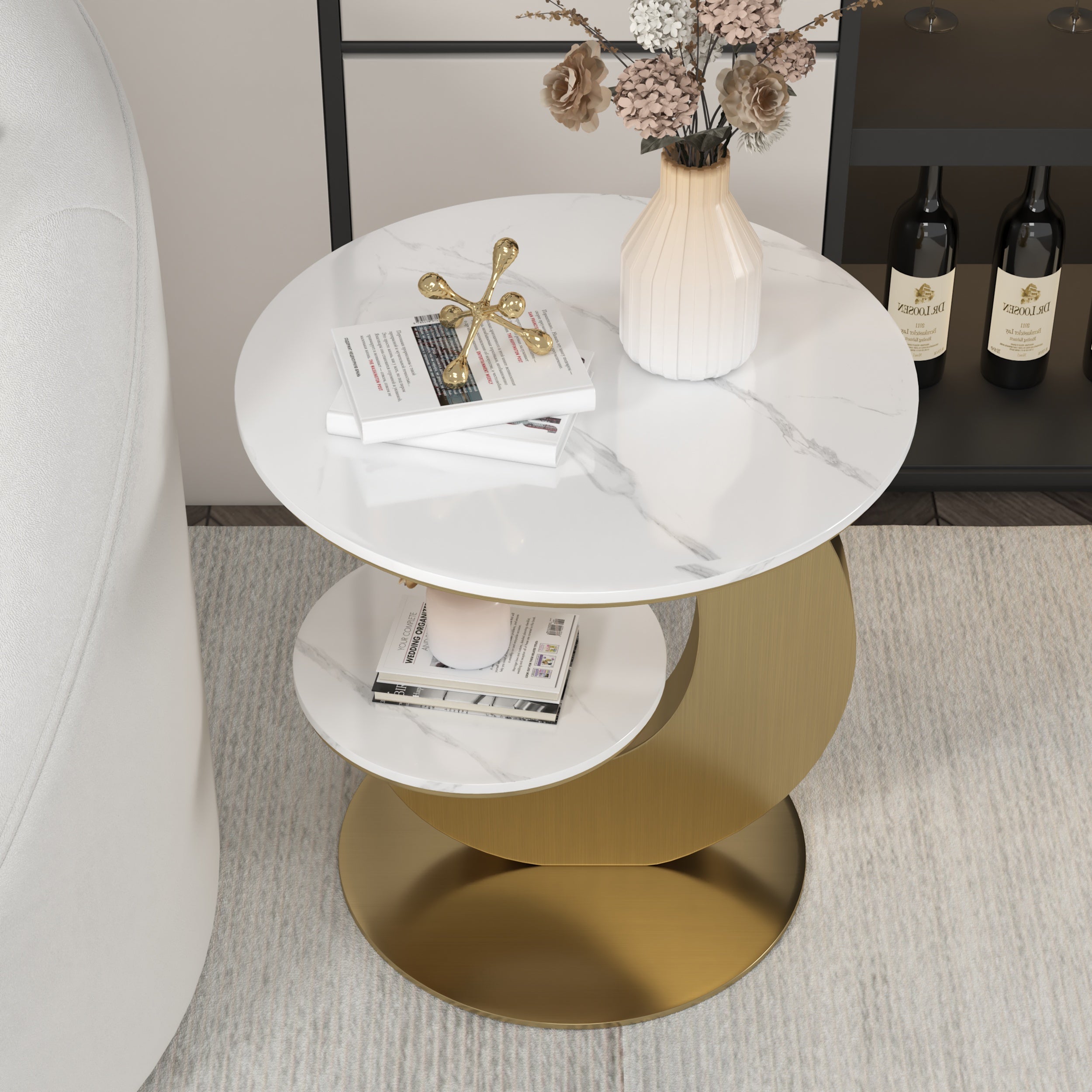 HMR - 20" Round Sintered Stone 2-Tier Moon-Shaped Side Table