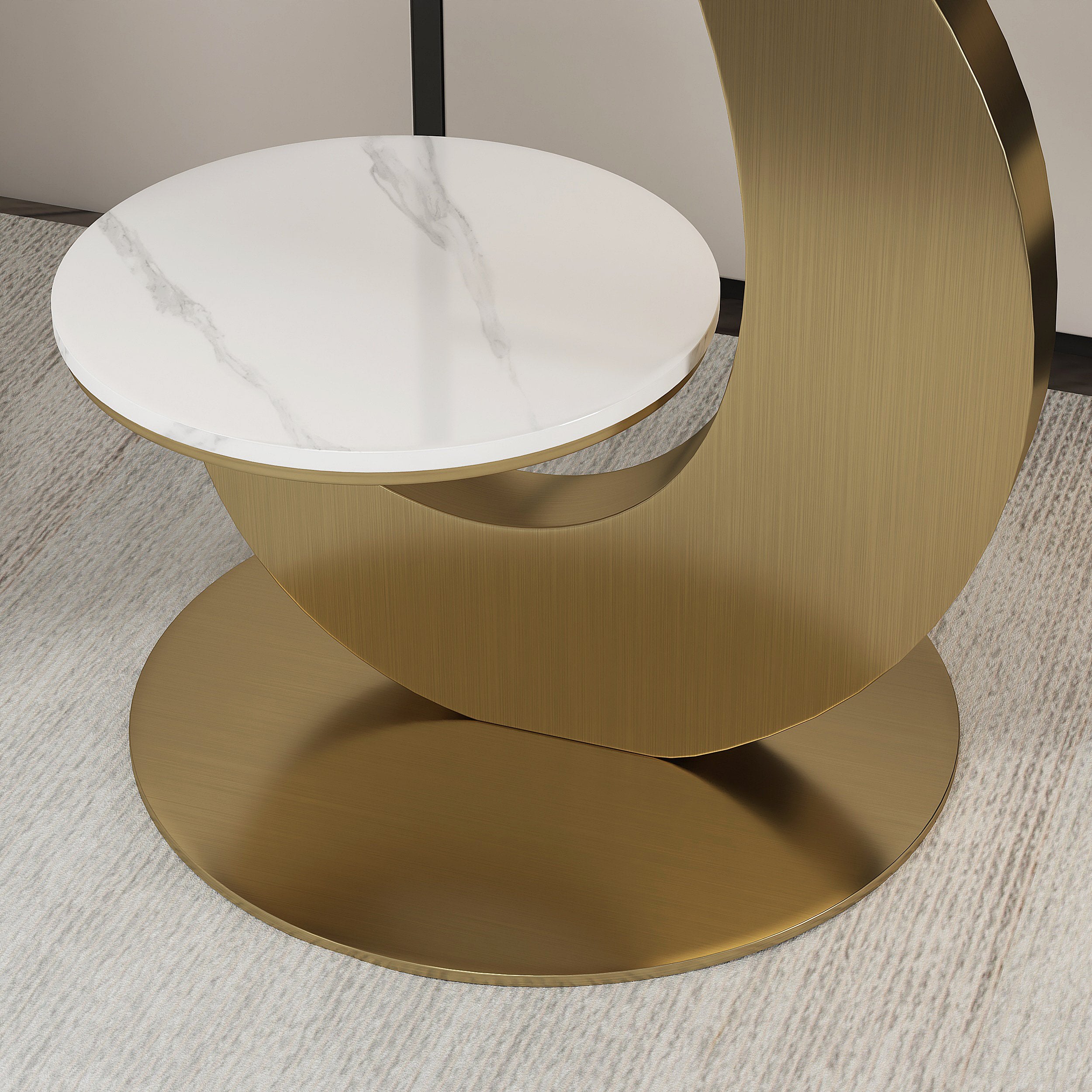 HMR - 20" Round Sintered Stone 2-Tier Moon-Shaped Side Table