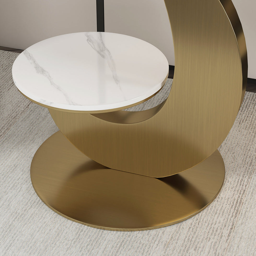 HMR - 20" Round Sintered Stone 2-Tier Moon-Shaped Side Table