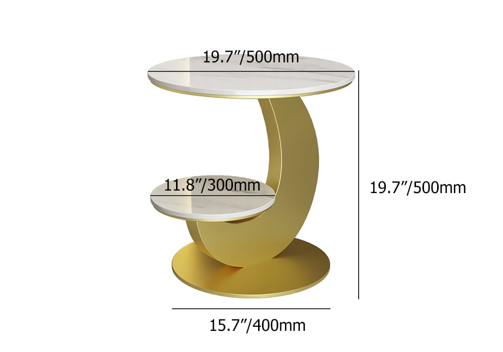 HMR - 20" Round Sintered Stone 2-Tier Moon-Shaped Side Table