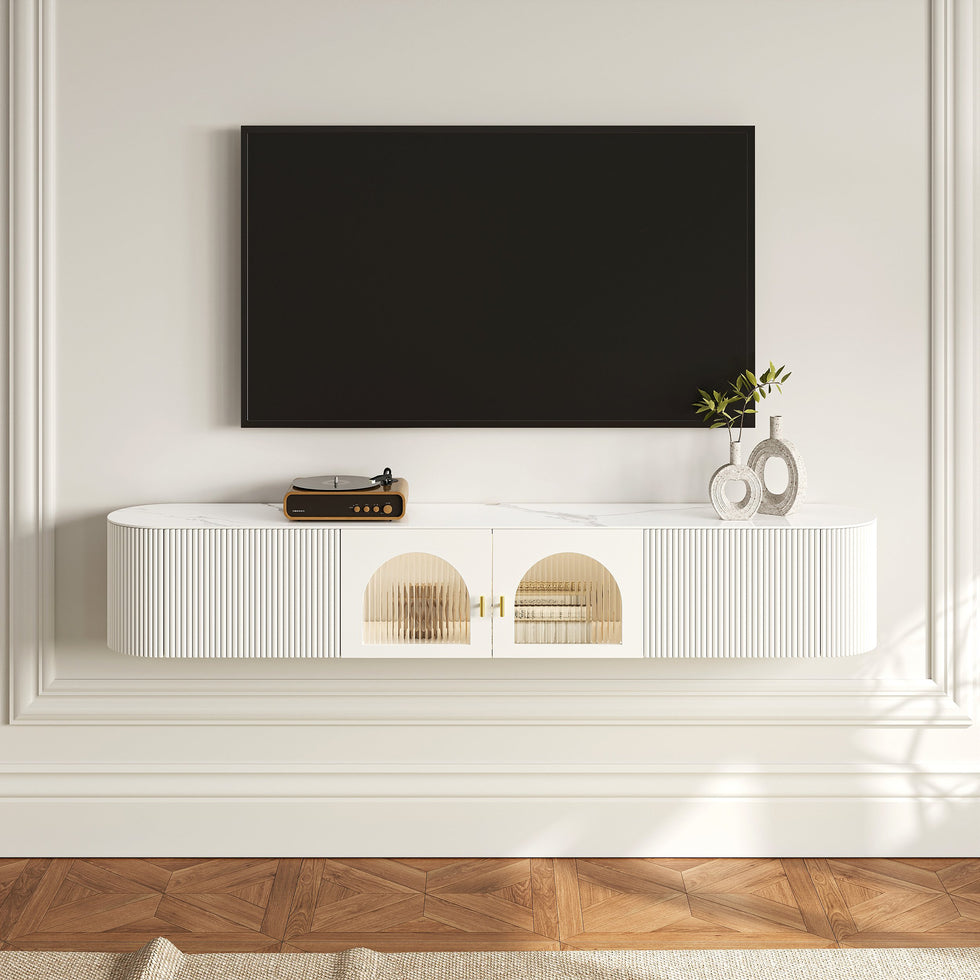 HMR - 70.8" White Sintered Stone Floating Wall-Mounted TV Stand