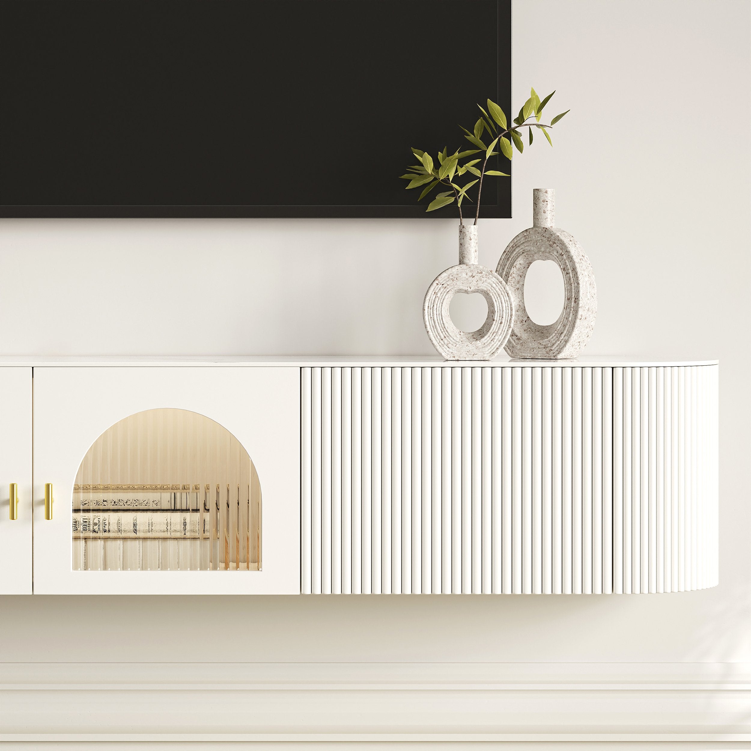 HMR - 70.8" White Sintered Stone Floating Wall-Mounted TV Stand